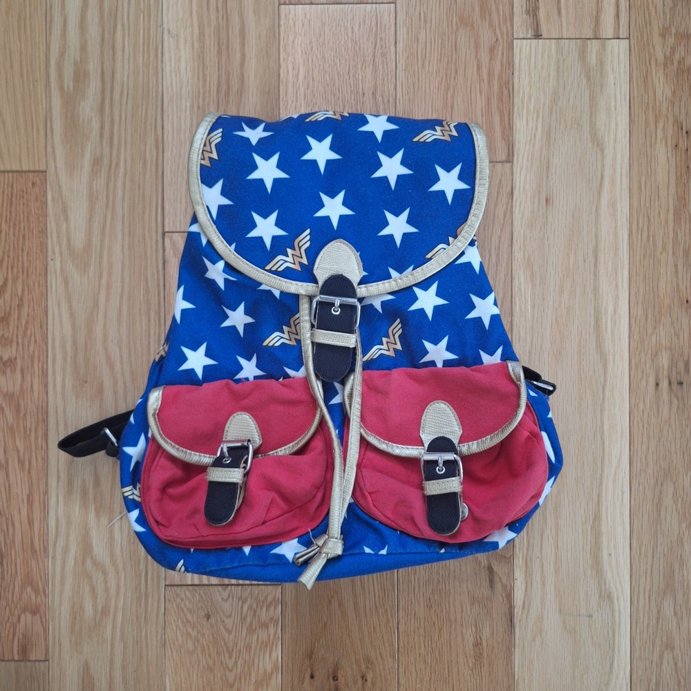 Wonder Woman DC Comics Vintage Style Canvas Backpack Stars Gold Logo Blue Red